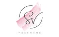 Handwritten SV S V Letters Logo with Pink Pastel Watercolor Brush Stroke Concept