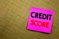 Handwritten text caption showing Credit Score. Business concept writing for Financial Rating Record written on sticky note paper o Royalty Free Stock Photo