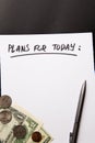 Handwritten text Plans for today on sheet of paper dollars, coins Royalty Free Stock Photo