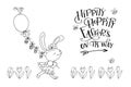 Handwritten text Hoppity Hippity Easter is on its way and hand drawn birds, flowers, cute bunny girl with eggs