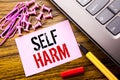 Handwritten text showing Self Harm. Business concept for Selfharm Mental Aggression written on pink sticky note paper on the woode