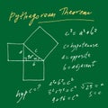 Handwritten trigonometric vector set, hand drawn text of Pythagorean Theorem solution