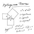 Handwritten trigonometric vector set, hand drawn text of Pythagorean Theorem solution