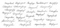 Handwritten unreadable text, decorative word elements.