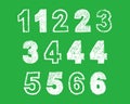 Handwritten white chalk bold arabic numbers on green background