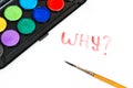 Handwritten WHY text with brush and watercolor paints on white background. Box of watercolor paints with a brush for drawing Royalty Free Stock Photo