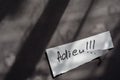 Handwritten word Adieu on a white piece of paper.