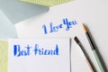 Handwritten words: I love you and best friend Royalty Free Stock Photo