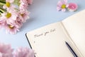 Handwritten words Thank you list in a personal diary on a light blue background with pink flowers. Gratitude journal