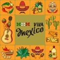 Handwritten words Viva Mexico. Vector Mexican icon set.