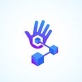 Handy Blockchain Technology Absrtract Vector Sign. Palm Hand with Conected Cubes or Nodes Chain Gradient Icon with