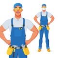 Handyman in bib overalls and protective glasses with arms akimbo. Vector cartoon character.