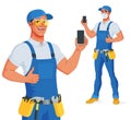 Handyman in bib overalls and protective glasses showing blank smartphone screen with thumb up. Vector cartoon character.