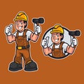 Handyman or builder cartoon man wearing work clothes while holding a hammer and giving thumbs up. Construction maintenance worker