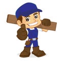 Handyman carrying wood plank