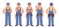 Handyman character set. Happy man in work overalls in different poses and actions. Repairman or locksmith. Vector illustration