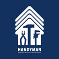 Handyman concept in blue. Professional services of a universal foreman. Silhouette of home with roof