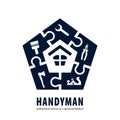 Handyman concept in blue. Professional services of a universal foreman. Workshop,