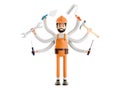 Handyman concept. Builder plumber or painter plasterer cartoon character, funny worker or engineer with wrench Royalty Free Stock Photo
