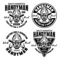 Handyman and construction service set of vector vintage emblems, labels, badges or logos with worker head in hard hat