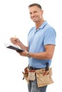 Handyman, contractor or man isolated on a white background with notebook, invoice and tools. Professional construction