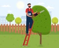 Handyman cutting tree with lawn mower