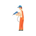 Handyman with Drill, Male Construction Worker Character in Orange Overalls and Blue Cap with Professional Equipment Royalty Free Stock Photo