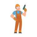 Handyman or Fixer as Skilled Man in Overall with Drill Engaged in Home Repair Work Vector Illustration