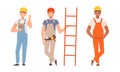 Handyman or Fixer as Skilled Man Wearing Overall Holding Ladder and Brush Engaged in Home Repair Work Vector Set