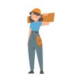 Handyman or Fixer as Skilled Woman Carrying Wooden Plank Engaged in Home Repair Work Vector Illustration