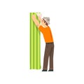 Handyman Glueing Wallpapers, Male Construction Worker Character in Paper Cap with Professional Equipment Vector
