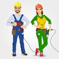 Handyman and handywoman holding drills