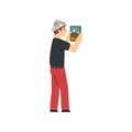 Handyman Hanging Painting on Wall, Male Construction Worker Character in Paper Cap with Professional Equipment Vector