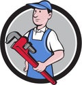 Handyman Holding Pipe Wrench Circle Cartoon