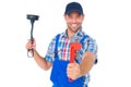 Handyman holding plunger and wrench on white background Royalty Free Stock Photo