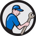 Handyman Holding Spanner Circle Cartoon