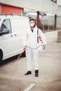 Handyman with insecticide Royalty Free Stock Photo