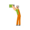 Handyman Installing Ceramic Tiles on Wall, Male Construction Worker Character in Paper Cap Vector Illustration