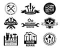 Handyman logo. Mechanic and home repair service logos with construction and handy tools, wrench and hammer. Builder