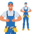 Handyman in overall and tool belt showing thumbs up. Vector cartoon character.