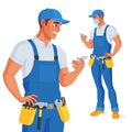 Handyman in overalls and tool belt checking his phone. Vector illustration.