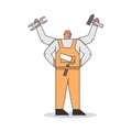 Handyman People Concept. Worker With Many Hands with Tools. Specialist In Uniform Overalls with Tools