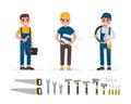 Handyman, plumber, foreman, engineer and builder elements collection with various people actions. Set of workers and