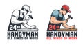 Handyman retro logo. Worker hammering nail - repair service vintage emblem