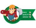 Handyman with service lists hold pipe wrench