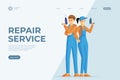 Handyman services flat landing page template. Repairmen holding electric drill cartoon characters. Professional