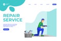 Handyman services flat landing page template. Young repairman making hole in wall using electric drill cartoon character