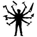 Handyman services silhouette. Construction worker. Man with many hands holding construction tools Royalty Free Stock Photo