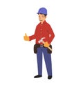 Handyman with a tool belt and a hammer. House renovation service. Flat vector illustration. Isolated on white background Royalty Free Stock Photo