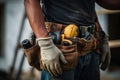 Handyman with tools belt. Detail of man hands holding work gloves and wearing tool kit on waist. Generative AI Royalty Free Stock Photo